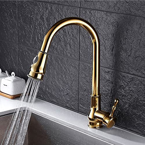 Genérico Grifo de la Cocina,Grifos De Cocina con Pulverizador Abatible Dorado, Grifo Monomando De Un Solo Orificio, 2 Caños, Grifo Extraíble para Fregadero De Cocina, Grifo Giratorio De 360 ° para FR