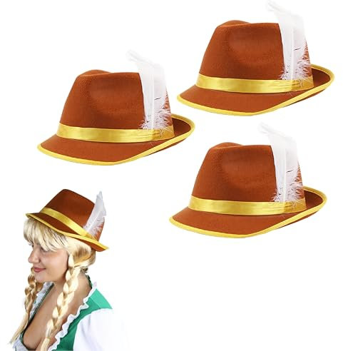 Damen Bayerischer Hut - 3er Pack - Brauner und gelber Tiroler Hut mit angenähter weißer Feder - Erwachsene Oktoberfest Fasching Kostüm Zubehör
