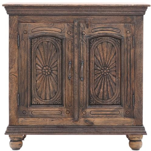Marrakesch Vintage Kommode mit Türen aus Holz 90cm | Skandinavische Deko kleines Sideboard Komode Somios braun handgeschnitzt für stilvolle Aufbewahrung & Dekoration im Wohnzimmer & Schlafzimmer