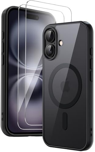 COPIKE Funda Magnética para iPhone 16 con 2 Cristal Templado, Compatible con MagSafe, Carcasa Antigolpes Marco de TPU Mate con Transparente Anti-Arañazos Respaldo, Negro