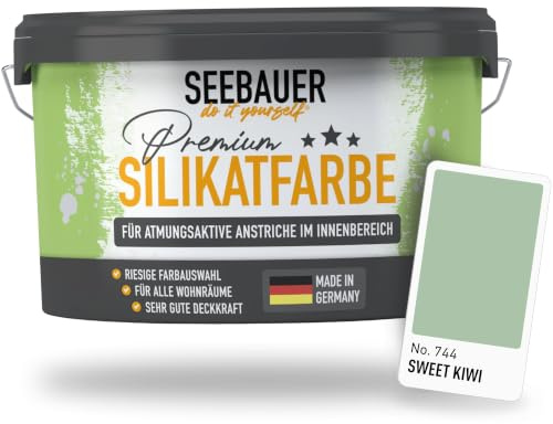 SEEBAUER diy Silikatfarbe Grün 2,5L für Innen (No. 744 Sweet Kiwi) Atmungsaktive Mineralfarbe für Allergiker - Abwaschbare Wandfarbe - Grüntöne hohe Deckkraft
