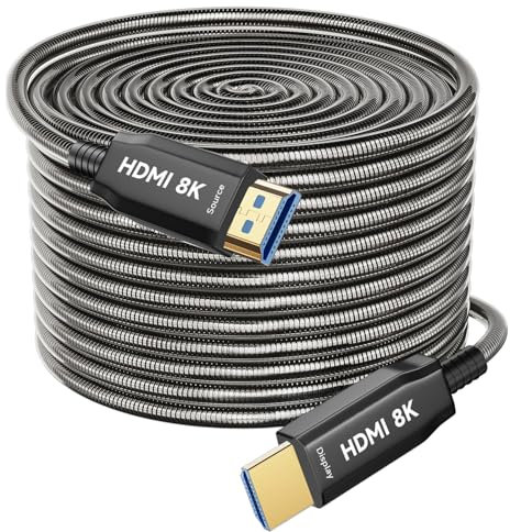 Câble HDMI à fibre optique 8 K 30 m blindé en acier optique HDMI AOC 2.1 48 Gbps Ultra haute vitesse 8K @ 60 Hz 4K @ 120 Hz Dynamic HDR eARC Dolby HDCP 2.2&2.3 pour HDTV/projecteur/home cinéma/boîtier