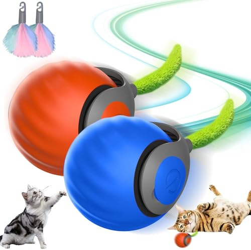 2 Stück Interaktives Katzenball Spielzeug, Vmxlso Katzenball Elektrisch, interaktives katzenspielzeug mit Ersatzschwanz und LED Leuchten, Katzenspielzeug Ball Elektrisch für Hunde Katzen (Blau+Orange)
