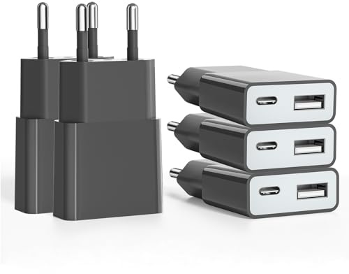 caricabatterie USB 5 W Slim spina di ricarica alimentatore di rete 5V 1A 2 porte USB C+A,adattatore di alimentazione per iPhone, lettore eBook, Xperia, MP3 ((Thickness 1.45cm/5packs))