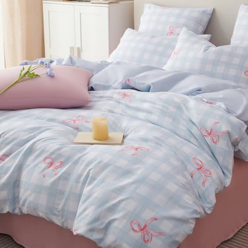 Sedefen Bettwäsche 155x220cm Blau Kariert mit Rosa Schleifen Bettwäsche Set 2 Teilig Aesthetic Blau Weiß Karo Wendebettwäsche Microfaser ÖKO-TEX Bettbezug mit Reißverschluss und Kissenbezug 80x80cm