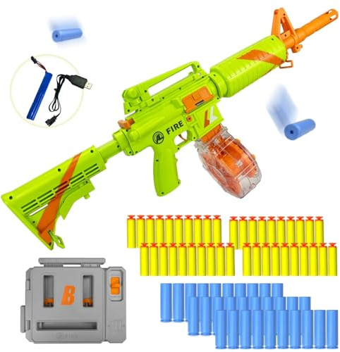 ZONZTER Toy Gun, Automatic M16 Blasters, Electric Foam Blaster Rifle Darts Rotating Drum, Auto & Manual Modes, 1 Dart Loader 40 Darts 30 Bullet Cases, Shell Ejecting Toy Gun - Green