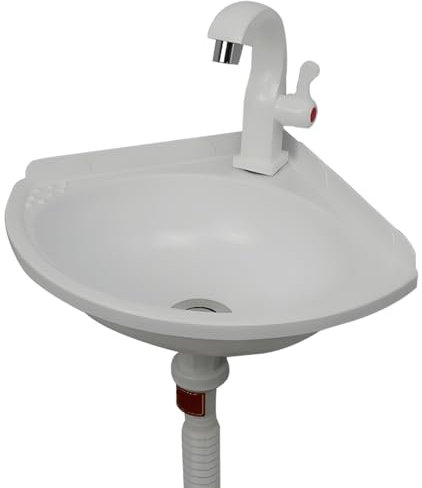 Lavabo Mural Triangulaire en Plastique Gain de Place Lavabo D'angle avec Robinet et Kit de Vidange,Cuve à Lessive,Évier de Cuisine Compacte,Pour Salle de Bain et Jardin