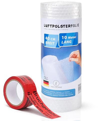 Yves Donne 1x Luftpolsterfolie Rolle 10m x 40cm 60my & 1x Warn-Klebeband “Bruchgefahr“ 66m x 48mm Rot – Deutsche Premium Qualität – Perfekt für sicheren Versand & Verpackung empfindlicher Gegenstände