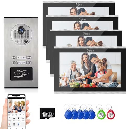 Interphone vidéo 4 Fils,Moniteur 7 Pouces, Vision Nocturne,déverrouillage par Moniteur APP/Swipe Card,Sonnette vidéo Intelligente avec caméra & interphone (1 Sonnette + 4 Moniteur)