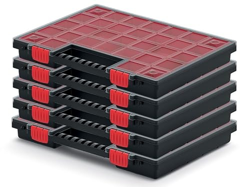 PECZEKO Sortimentskasten mit herausnehmbaren roten Fächern ideal für Kleinteile, Werkzeug und Organisation Kunststoff (5er-Set) 40cm