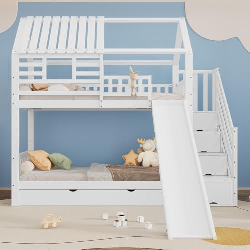 Etagenbett mit Treppe und Rutsche, Hausbett, Treppe mit Stauraum, Rahmen aus Kiefernholz und MDF, Kinderbett mit Fenster und Dach, mit Fallschutzgitter und Schublade, Weiß, 90x200cm*2