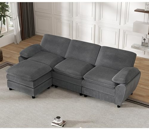 ZX Design Ecksofa mit Schlaffunktion mit Polsterhocker, Cord Sofa, Sofa 3 sitzer, Ecksofa für Wohnzimmer,Schlafzimmer und kleine Wohnungen (Grau)