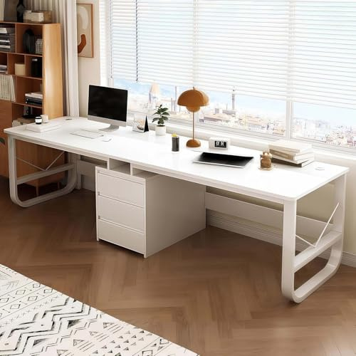 AFAGUEEUPD Computertisch, Doppelarbeitsplatz mit Schubladen, moderner Holzschreibtisch, Doppel-Bürotisch, extra lang, für Zuhause und Büro, Weiß, 200 cm