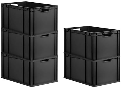 PROREGAL SparSet 5x Eurobox NextGen Grip | HxBxT 32x40x60cm | 65 Liter | Griffe offen | Verstärkter Boden | Schwarz | Eurobehälter, Transportbox, Transportbehälter, Stapelbehälter