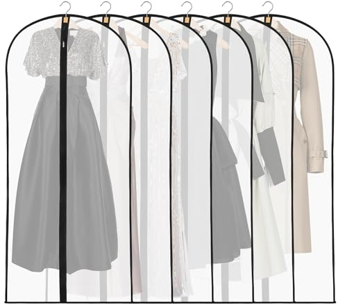 6 Pack Dress Bags Covers Long, 55in PEVA Garment Bags Suit Bags, Black Edge | Waterproof Dustproof Protection, Full Zip, Reusable, Translucent Design, For Dresses, Coats, Suits, Home or Travel