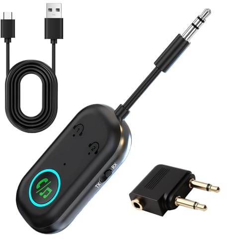 Bluetooth Transmitter Receiver 5.3 [2 in 1] Airplane Bluetooth Adapter Compatible With 2 AirPods or Wireless Headphones 3.5mm AUX Jack For TV Airplane Home Audio Speakers Headphones And Car