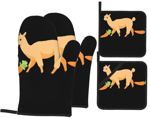 WHJSHOP Lot de 4 maniques isolées anti-brûlure et isolation thermique Motif alpaga mangeant des carottes