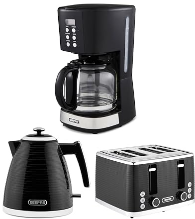 GEEPAS 1.5L Filter Coffee Machine,1.7L Kettle & 4 Slice Toaster Set | 900W Drip Coffee Maker | 1600W Bread Toaster | 3000W Rapid Boil Jug Kettle