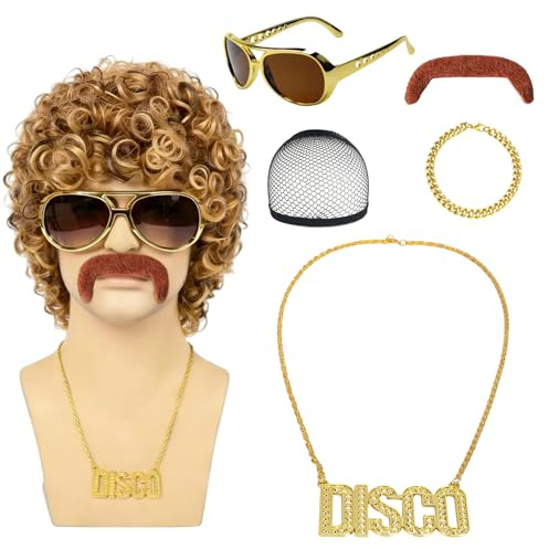 6er Herren Afro Perücke Set, 70er 80er Jahre Disco Dude Shaggy Lockige Kurzperücke mit Perücke Schnurrbart Sonnenbrille Haarnetz Armband, Karneval Halloween Party Kostüm