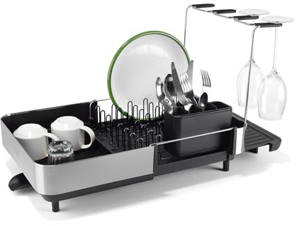 Joseph Joseph Extend Steel Plus Extendable Dish Rack Steel, Small to Large Dish Drainer with Wine Glass Holder & Drain Spout, Black