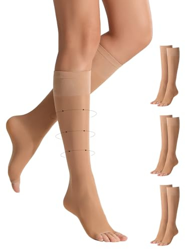 Yilanmy Stützstrümpfe Damen Offene Zehe Nylonstrümpfe Kniestrümpfe Damen | 40D Transparente Kompressionsstrümpfe Open Toe Kompression Toeless Pop Socken 3 Paar Knee High Calf Compression Socks