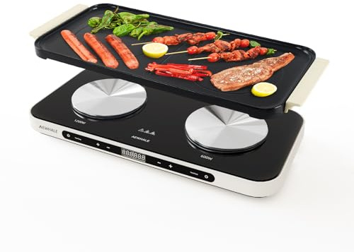 AEWHALE Parrilla Eléctrica 1200 W + 600 W | Placa de Cocción de Cerámica Extraíble, Revestimiento Antiadherente, Ajustes de Temperatura y Temporizador Regulables