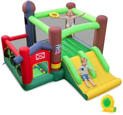 FANTASK Castillo hinchable con soplador, tobogán, zona de salto, canasta de baloncesto, juego de lanzamiento y piscina de pelotas, castillo hinchable para niños para interiores y exteriores, 356 x 330