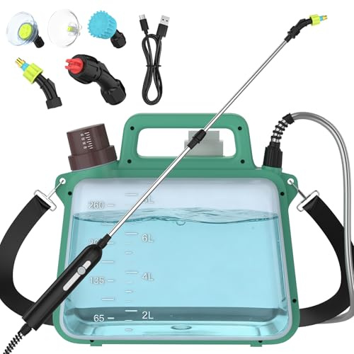 Pulverizador eléctrico a presión con batería de 8 litros, pulverizador eléctrico para plantas con 3 boquillas de niebla, 5 modos de boquilla, lanza telescópica (extensible a 60 cm), para jardín y