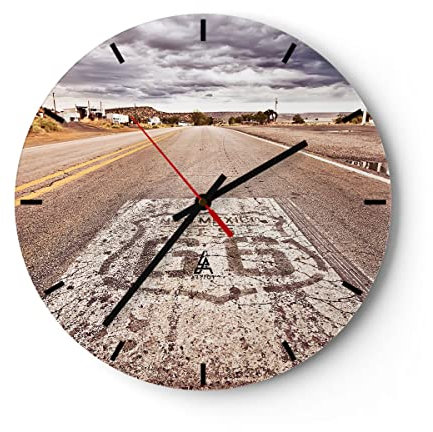 Modern Wanduhr USA Route 66 Reise 30x30cm Rund Klein Wand Uhr Glas Analog Zimmeruhren Küche Büro Wohnzimmer Glasuhr Wall Clock Dekoration Design Wanddekoration Küchenuhr C3AR30x30-2712