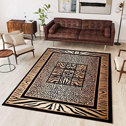 TAPISO Atlas Teppich Kurzflor Afrika Tiermuster Tiger Leopard Rahmen Braun Beige Schwarz Bordüre Wohnzimmer Schlafzimmer Modern Design ÖKOTEX 130 x 190 cm