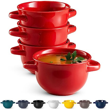 KooK Französische Zwiebelsuppentöpfe mit Griffen, Keramikschalen, für Reis, Dessert, Nudeln, Spülmaschine, Mikrowelle, Backofen und Grill, Rot, 4 Stück, 530 ml, Rot