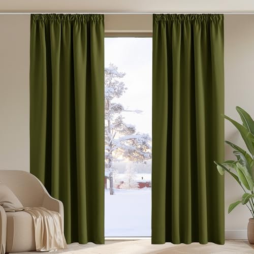 PONY DANCE Wohnzimmer Vorhänge Blickdicht Kräuselband 2er Set H 245 x B 140 cm Oliv-grün, Gardinen Verdunkelung für Schienensystem Thermovorhang gegen Hitze Verdunklungsvorhänge