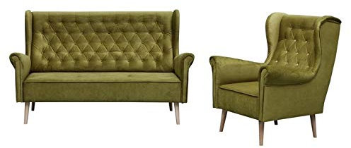 MOEBLO Polstergarnitur Ohrensofa 3 Sitzer Sessel Sofa Couch Garnitur Stoff Samt (Velour) Glamour Wohnlandschaft Chesterfield - Velo (Grün)