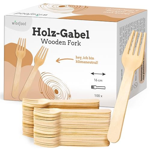 Wisefood Lot de 100 fourchettes jetables en bois de bouleau jetables 16 cm - Couverts jetables biodégradables - Naturels, stables, écologiques avec emballage sans plastique