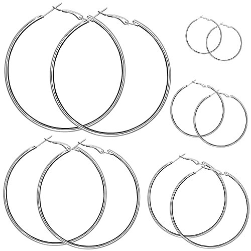 FANTESI 5 Pairs Big Hoop Earrings, Sliver Metal Hoop Earrings with different Size for Women Girls