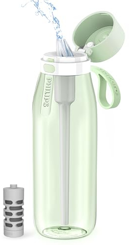 PHILIPS Botella de agua filtrada, Tritan sin BPA, portátil de viaje, 36 | Elimina el sabor del cloro. Cuenta con una tapa a prueba de fugas. Filtra 40 galones para reemplazar 450 botellas de agua