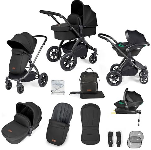Ickle Bubba Stomp Luxe 12-Piece Travel System with i-Size Stratus Car Seat & ISOFIX Base – All-Terrain Pram, Pushchair, Carrycot, Footwarmer & Rain Cover, Birth to 4 Years* (Black/Midnight/Black)