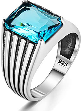Herren-Ring aus massivem 925er Sterlingsilber mit Aquamarin-Stein, Geschenk für Herren, Sterlingsilber, Aquamarin