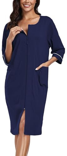 COLORFULLEAF Damen Bademantel mit Reißverschluss Leicht Morgenmantel 100% Baumwolle Hausmantel 3/4 Ärmel Nachthemd mit Taschen(Navy Blau,XL)