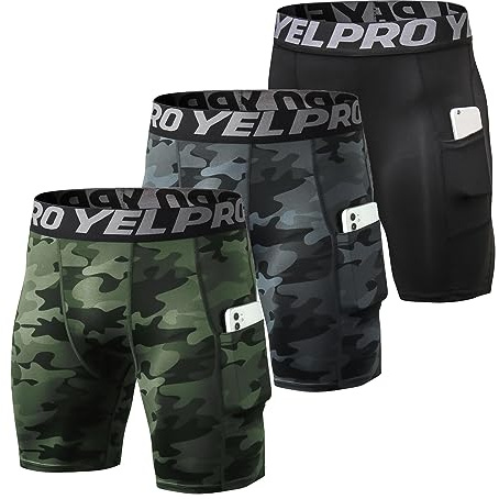 Ruowuhen 3er Pack Herren Kompressionsshorts Schnelltrocknendes Kurz Unterhose Sport Laufhose Männer Tights mit Tasche Tarnfarbe Schwarz+Tarnfarbe Grün+Schwarz L