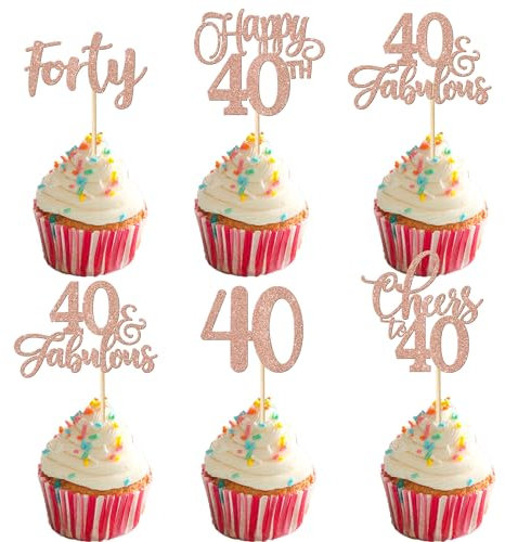 Xsstarmi 30 Pack Happy 40th Birthday Cupcake Toppers Glitter Cheers to 40 Years Forty 40 Fabulous Cupcake Food Picks for Happy 40th Birthday Wedding Anniversary Party Cake Decorations Rose Gold