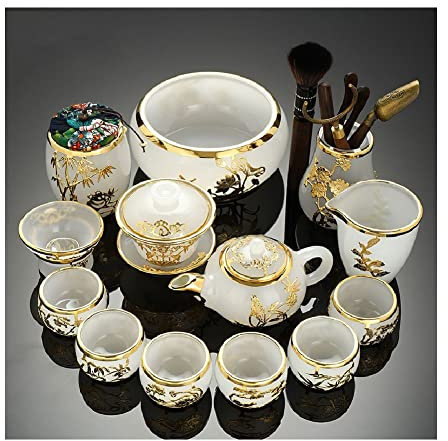DOOKAA Set da Te Set Te Set da tè Kung Fu Cinese con Servizio da tè Set da tè Kung Fu smaltato in Oro intarsiato con Coperchio in Argento Ciotola Tazza da tè Justice Cup Set Completo(Color:12,Size:)