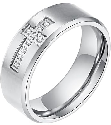 JewelryWe Kreuz Ring Herren Zirkonia: Schwarz Edelstahl Herren-Ring mit Zirkonia Kreuz Kruzifix Hip Hop Punk Bandring Männer Christliche Ringe Band mit Gravur Größe 65