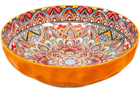 Soup Bowls, Ceramic Bowl 10x3 Inch Bohemian Soup Bowls Heat Resistant Microwavable Rice Bowls Dishwasher Safe Salad Bowls Non-Slip Vintage Bowls for Kitchen, Serving, Cereal Bowls