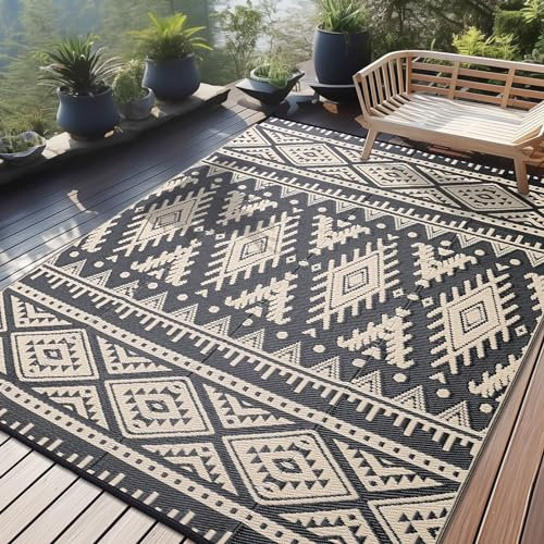 Homaxy Outdoor Teppich Wetterfest, Kunststoff Stroh Faltbar Waschbar UV-beständig Wendbar Balkon Garten Teppich für Terrasse Camping Picknick (240 x 300 cm, Schwarz & Beige)