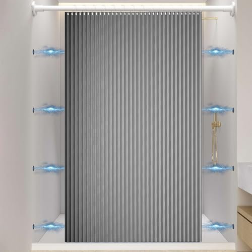 Momooda Tenda Doccia Magnetica Pieghevole Resistente con Ganci, Antispruzzo, Tenda da doccia Impermeabile Antimuffa in lino per il bagno, Grigio, 120x180cm
