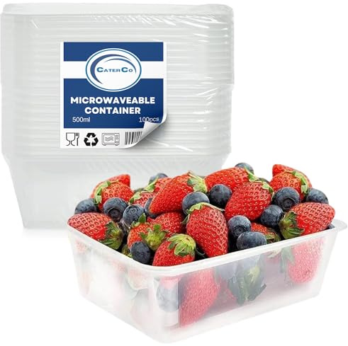 CaterCo 500ml Plastic Food Containers with Lids - Set Of 100 - BPA Free, Reusable & Disposable Meal Prep Containers - Microwave & Freezer Safe, Cooking, Takeaway, Storage (500ml - Set Of 100)