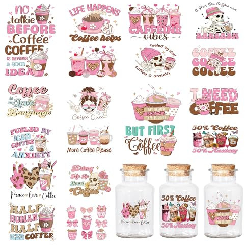 UV DTF Wraps Coffee Stickers - 20 Pcs Pink Coffee Theme Rub On Transfers Decal UV DTF Cup Wrap Waterproof Cups Drink Stickers for 16 Oz Glass Water Bottle Crafts Decals DIY Your Holiday Presents