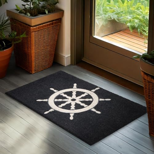 BRUBAKER Fußmatte für Außen und Innen - Steuerrad Blau Weiß - Maritim | 45 x 75 cm Schmutzfangmatte aus Kokos - Antirutsch Fußabtreter Wetterfest & rutschfest - Schiffsrad Türmatte für Haustür