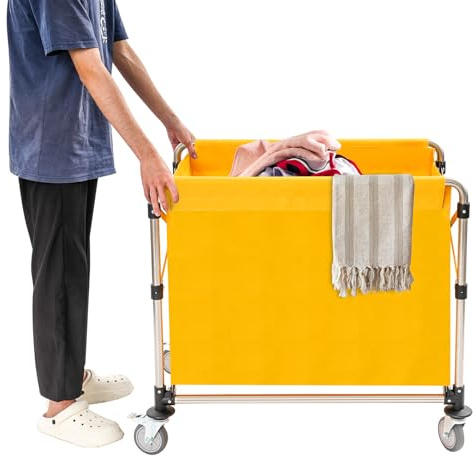 Wäschewagen, Edelstahl Wäschesortierwagen, Groß Kommerziell Wäschewagen mit Rollen, Faltbare Wäschekorbwagen, 200kg Tragkraft, Wäschebox, Wäschesammler, für Wohnungen und Hotels 87x52x78 cm